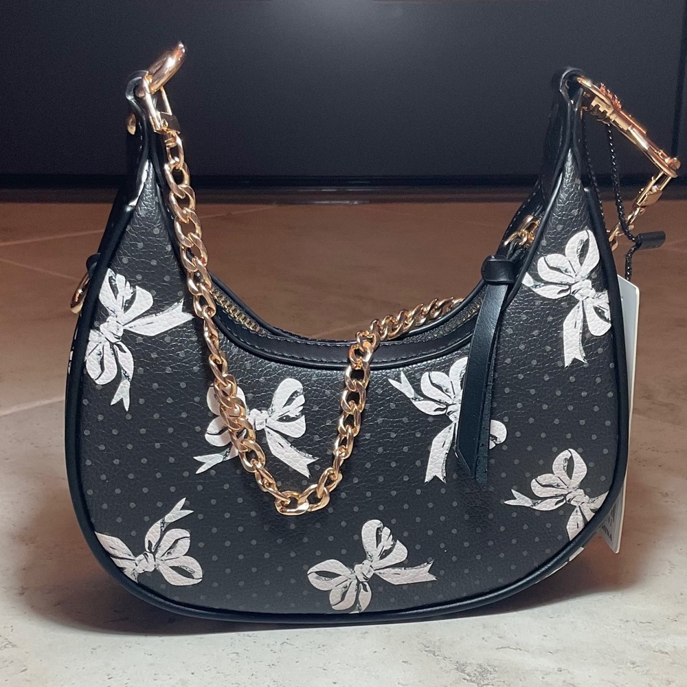 Classic Fashion Black Bow Polka Dot Crescent Hobo Bag Gold Chain Crossbody NEW